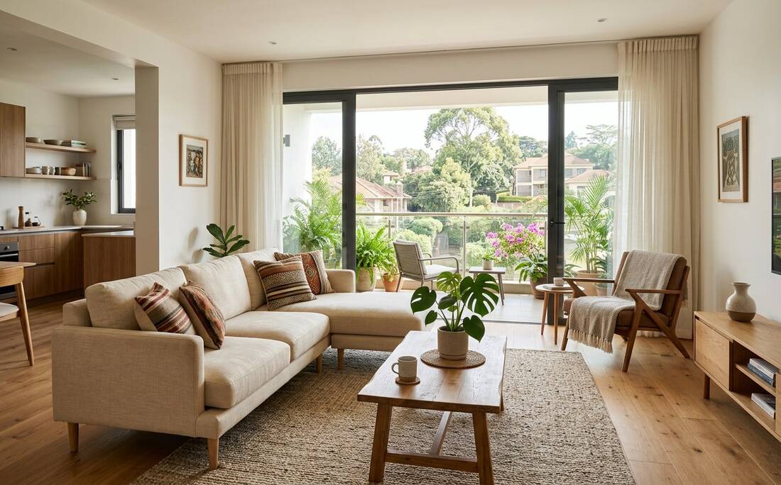 A bright furnished one-bedroom sitting room opening onto a balcony. Illustrative photograph, not a listing.