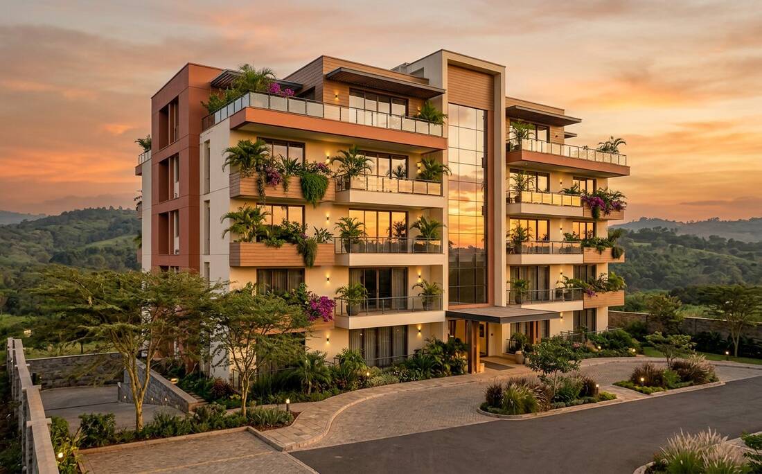 A modern apartment building in Kiambu at golden hour. Illustrative photograph for the John Kamau Properties example page — not a photo of the business.