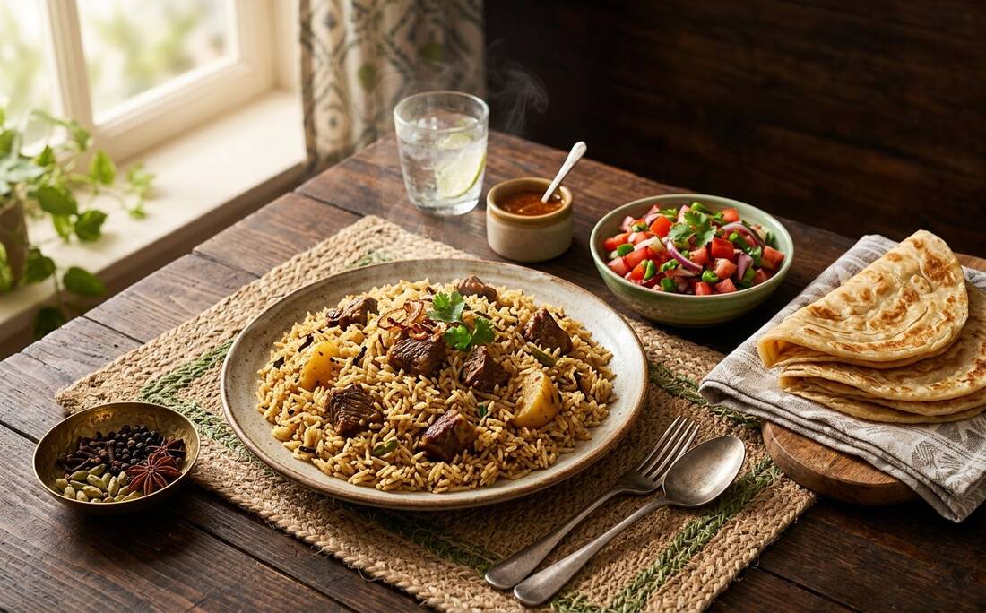A plate of Kenyan pilau with beef, kachumbari and folded chapati on a wooden table. Illustrative photograph for the Nyumbani Kitchen example page — not a photo of the business.
